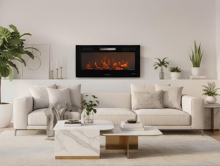 Modernes Wohnzimmer mit elektrischem Kamin, Sofa und Couchtisch