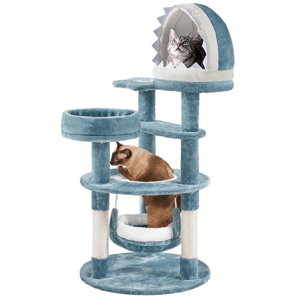 Katzenkratzbaum mit mehreren Ebenen und zwei Katzen