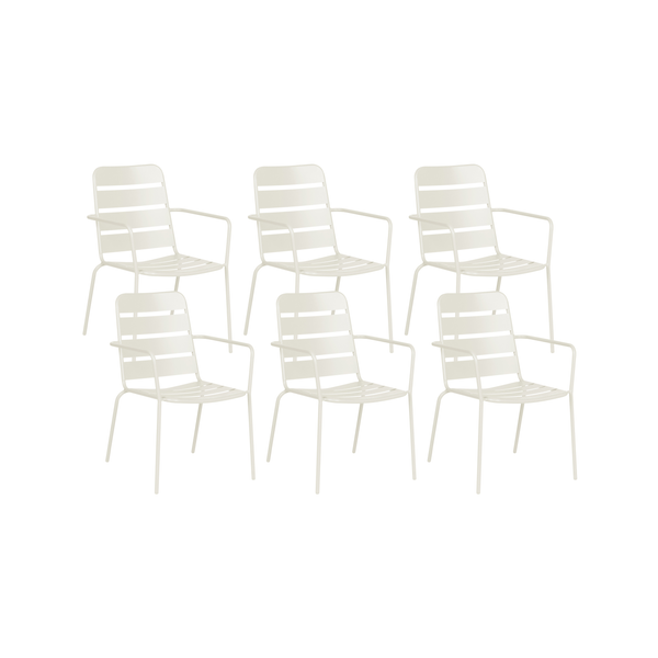 Sechser-Set beige stapelbare Gartenstühle mit Armlehnen, aus Metall mit Latten-Optik.