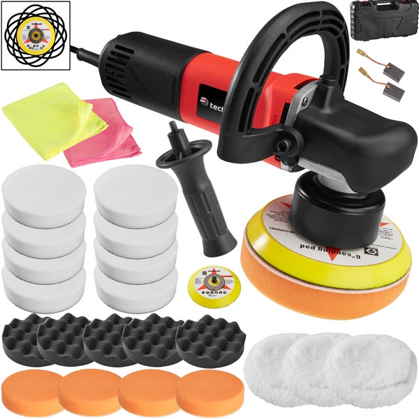 25-teiliges Exzenter Poliermaschinen-Set tectake  inklusive 2 Mikrofasertüchern, 2 Ersatzkohlen und Transportkoffer 710 W schwarz/rot