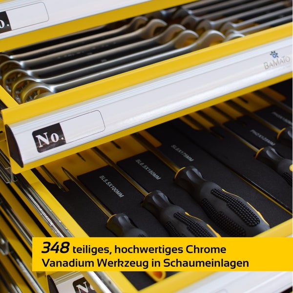 Werkzeugwagen-Schubladen mit 348-teiligem Chrome-Vanadium-Werkzeugset in Schaumstoffeinlagen, inklusive Ringschlüssel und Schraubendreher.