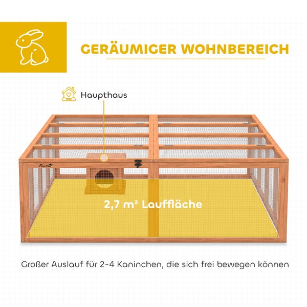 Ein kleines Mädchen liegt im Gras und füttert ein weißes Kaninchen mit einer Karotte in einer hellen Gartenumgebung. PawHut Logo.