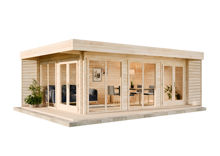 Modernes Gartenhaus aus Holz mit Flachdach, großen Glasfronten, integrierter Terrasse und möbliertem Innenraum mit Wohn- und Essbereich.