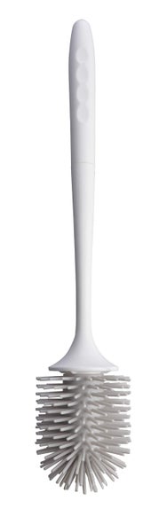 Weiße WC-Bürste mit grauen Silikonborsten und ergonomischem Griff.