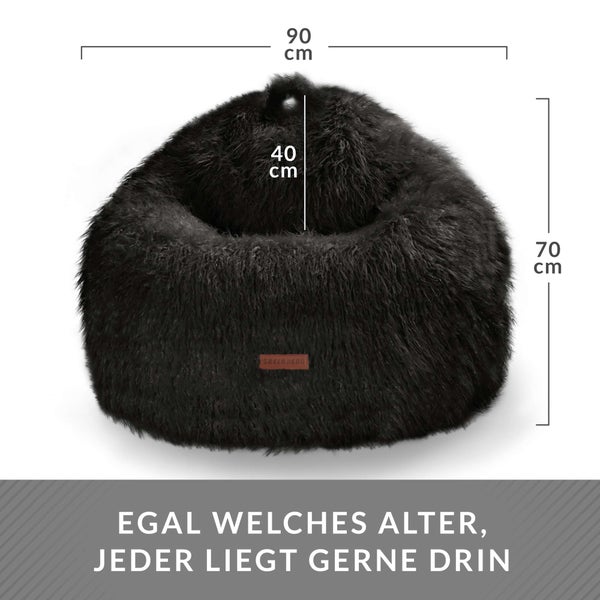 Green Bean Sitzsack in Felloptik mit Füllmaterial (EPS Perlen) - Maße ca 90 x 90 cm - Bean Bag Sitzkissen Sitzpuff Sitzsessel Bodenkissen Lounge Schwarz