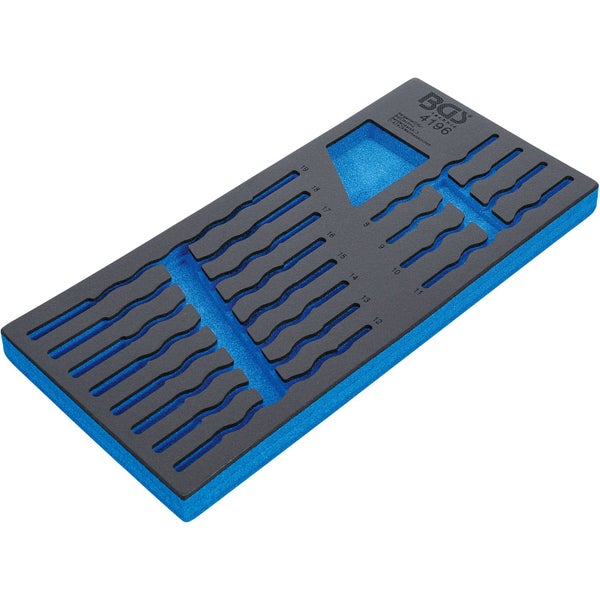 Werkzeugeinlage aus Schaumstoff für Ringmaulschlüssel in Schwarz und Blau mit BGS Technic Logo und Aussparungen für die Größen 8 bis 19.