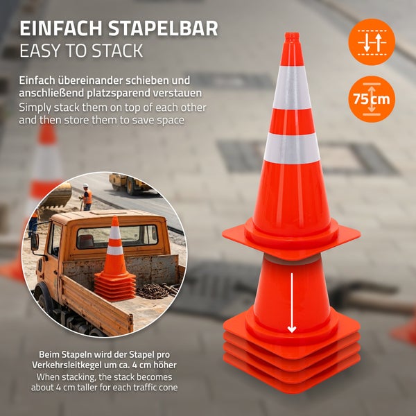 Stapelbarer 75 Zentimeter hoher Verkehrsleitkegel für Absperrungen und Markierungen im Straßenverkehr oder auf Baustellen.
