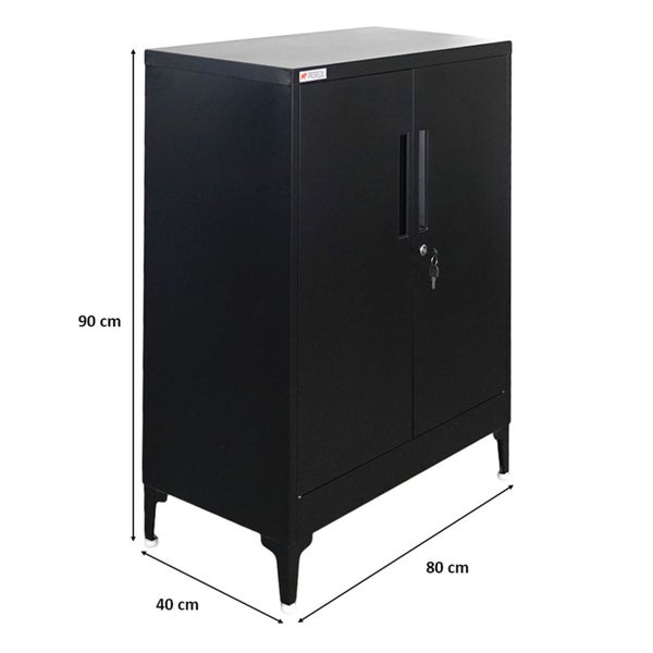 Metallschrank mit zwei Türen und den Maßen 90 cm Höhe, 80 cm Breite und 40 cm Tiefe