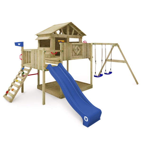 WICKEY Spielturm Klettergerüst Smart Peak mit Schaukel und Rutsche, Stelzenhaus mit Sandkasten, Kletterleiter und Spiel-Zubehör - blau