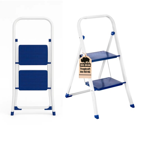 Zwei Ansichten einer zweistufigen Haushaltsleiter mit einer Tragkraft von 150 Kilogramm.
