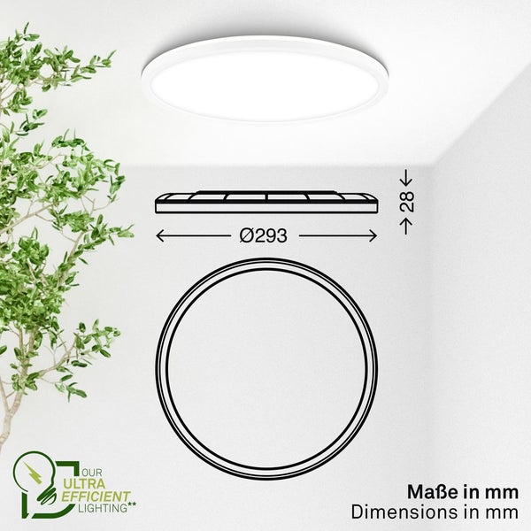 Abmessungen einer runden Deckenleuchte: Durchmesser 293 Millimeter, Höhe 28 Millimeter