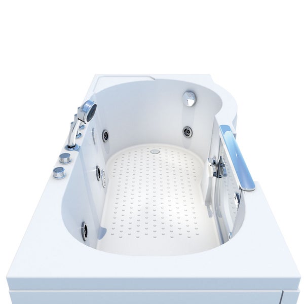 Weiße Badewanne mit Duschkopf und Haltegriff