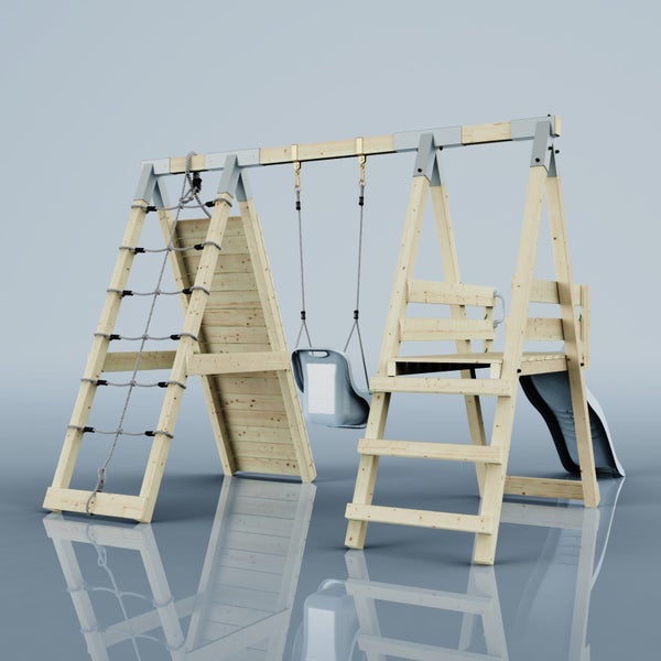 Spielturm aus Holz mit Wellenrutsche, Kleinkinderschaukel und Kletterwand mit Kletterseil.