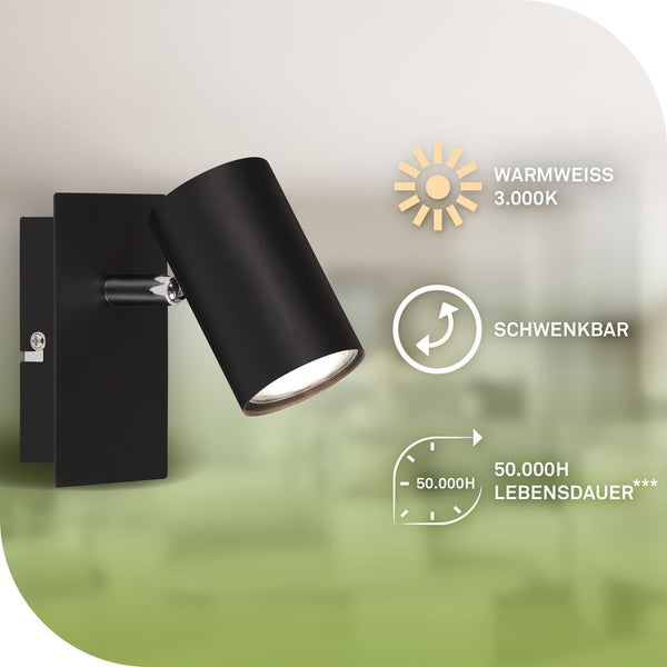 Schwenkbare, schwarze Wandleuchte mit einer Lebensdauer von 50.000 Stunden und warmweißem Licht (3.000 K)