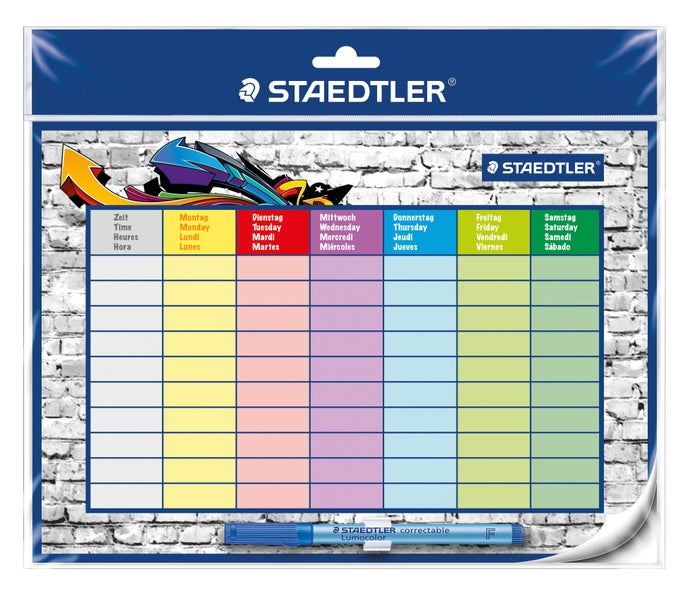 Staedtler Lumocolor Wochenplaner Set bestehend aus einem abwischbaren Stundenplan mit farbiger Einteilung und einem Folienstift.