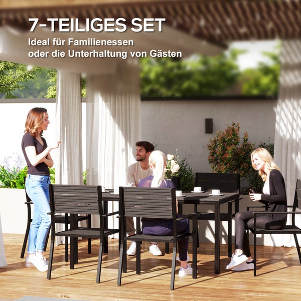 Siebenteiliges Gartenmöbelset mit Tisch und Stühlen auf einer Terrasse.