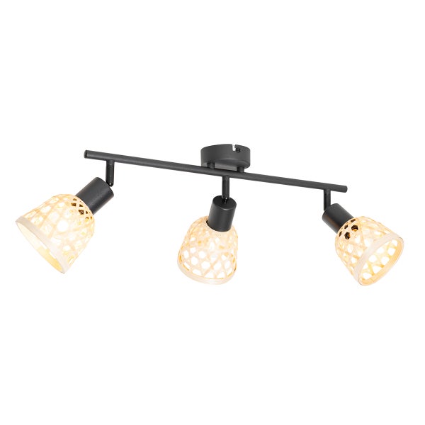 Deckenleuchte mit drei Strahlern und Lampenschirmen aus Rattan