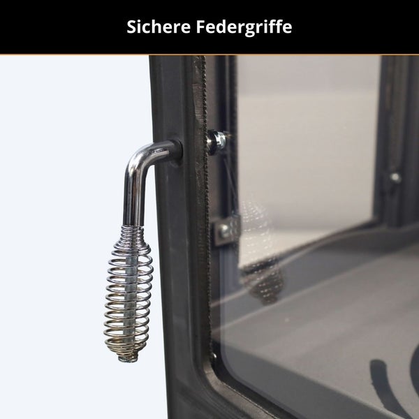 Sicherer Federgriff an einer Ofentür mit Glasscheibe.
