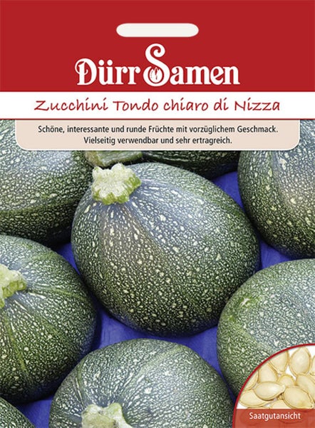 Dürr Samen Logo auf einer Samentüte für Zucchini Tondo chiaro di Nizza mit runden Früchten und Saatgutansicht.