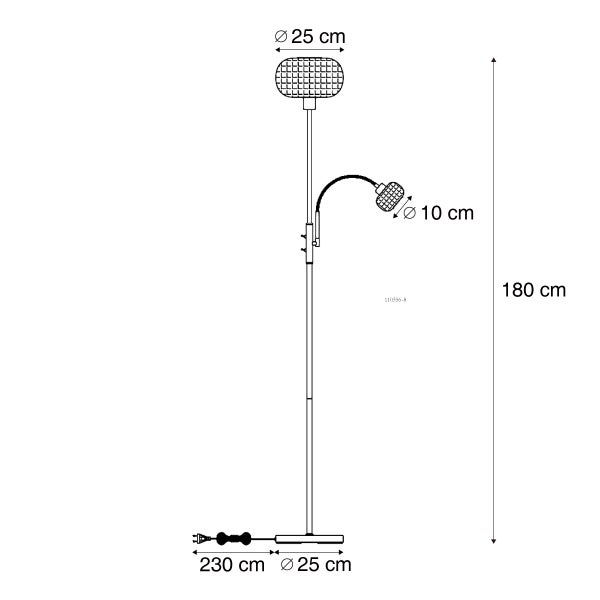 Maßskizze einer Stehleuchte mit Leselampe, Höhe 180 Zentimeter, Durchmesser 25 Zentimeter, Kabellänge 230 Zentimeter.