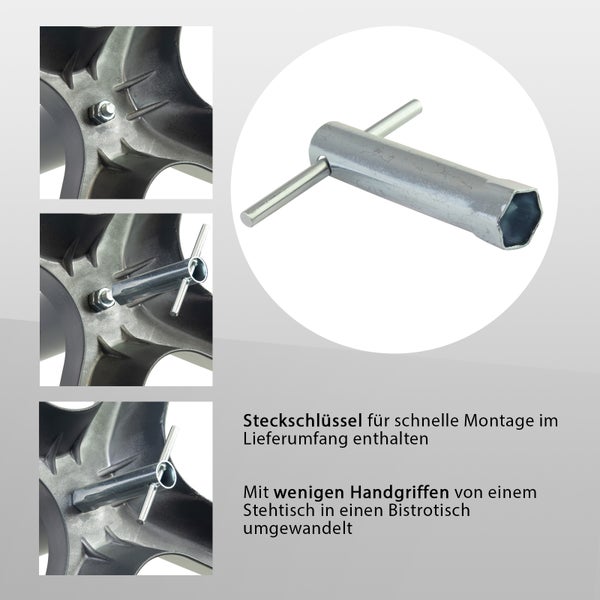 Steckschlüssel aus Metall für die Montage von Tischen inklusive Anwendungsbeispielen