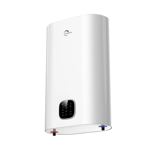 Elektrischer Warmwasserspeicher Sannover in flacher Bauweise mit digitalem Display zur Temperaturanzeige und Sannover Logo.
