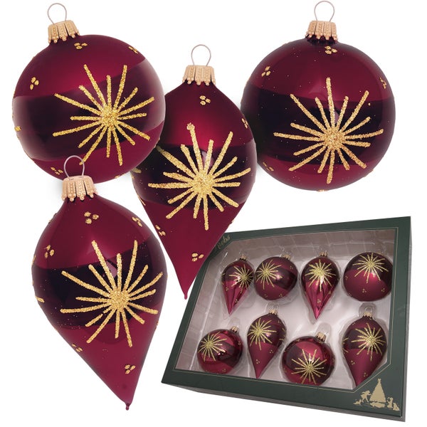 Kugeln & Tropfen Bethlehem Stern, Bordeaux Glanz/Gold, 7cm, 8 Stck., Weihnachtsbaumkugeln, Christbaumschmuck, Weihnachtsbaumanhänger