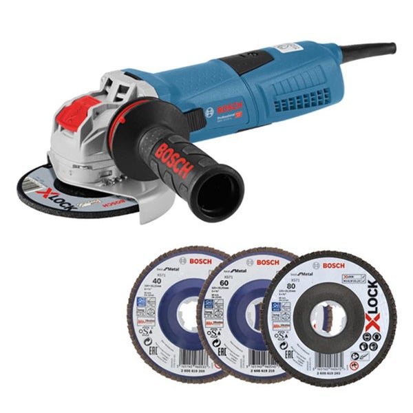 Bosch Professional Winkelschleifer mit X-LOCK System und drei Fächerschleifscheiben in den Körnungen 40, 60 und 80