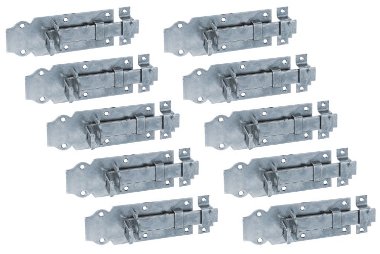 Set mit zehn verzinkten Torriegeln zur sicheren Verriegelung von Türen und Toren.