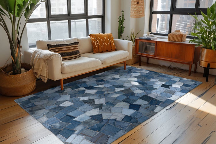 Wohnzimmer mit einem Patchworkteppich aus Jeansstoff, einem hellen Sofa, Holzmöbeln und Zimmerpflanzen in einem lichtdurchfluteten Raum.