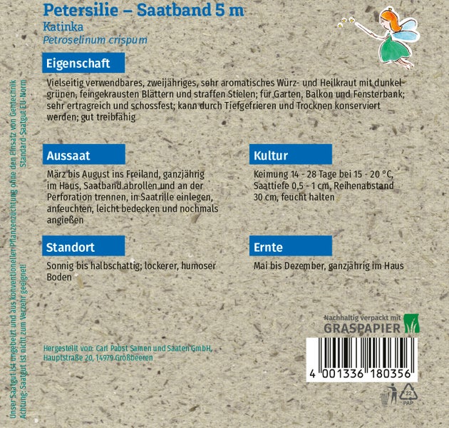 Rückseite der Packung für Petersilie Katinka Saatband 5 Meter mit Anbauhinweisen, Logo für nachhaltiges Graspapier und Recycling-Symbol.