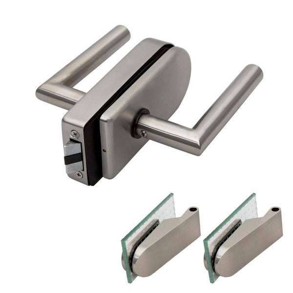 Glastürschloss Set mit Türdrückern und zwei Bändern aus mattem Edelstahl.