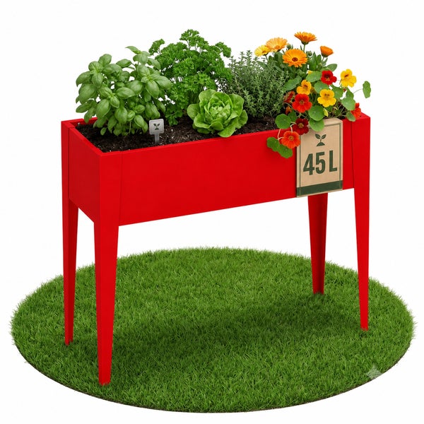 Hochbeet auf Beinen bepflanzt mit Kräutern und Blumen, mit einem Hinweisschild für 45 Liter Fassungsvermögen, stehend auf einer Rasenfläche.