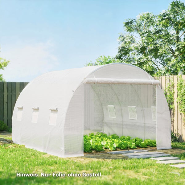 Ersatzfolie für ein Folientunnel-Gewächshaus im Garten mit Salatpflanzen. Nur Folie ohne Gestell.