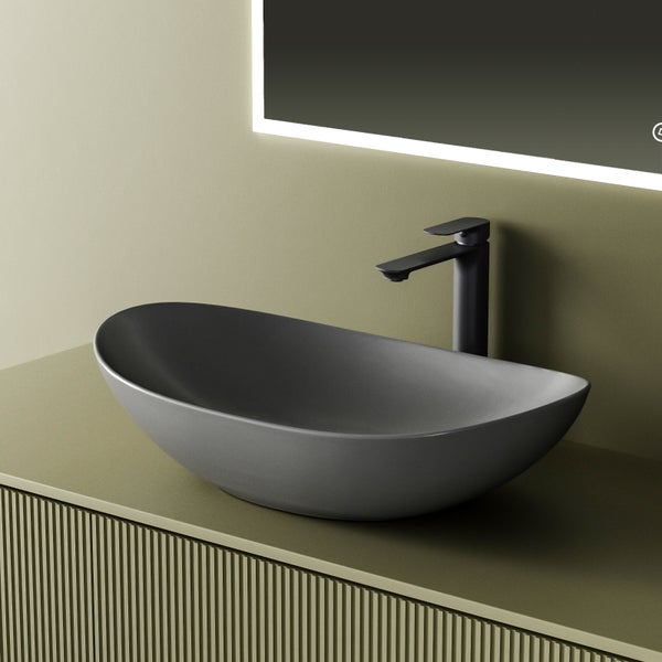 EMKE Waschbecken 615×360 mm, Ovales Aufsatzwaschbecken ohne Hahnloch, Keramik, Matt Dunkelgrau, Höhe: 155mm, Modernes Design, Kratzfest, Fleckenresistent, Pflegeleicht