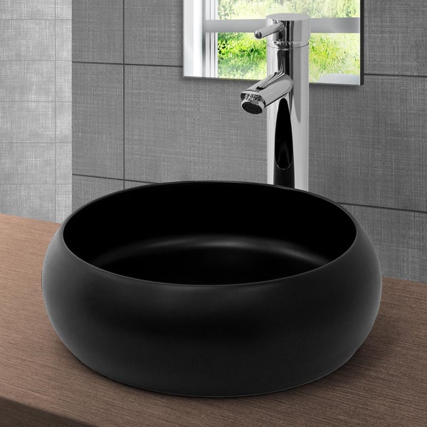 ML-Design Waschbecken aus Keramik Schwarz Matt Ø35x12 cm Rund inkl. Ablaufgarnitur, Moderne Aufsatzwaschbecken ohne Überlauf, Waschtisch Waschschale Waschplatz Handwaschbecken, für Badezimmer/Gäste-WC