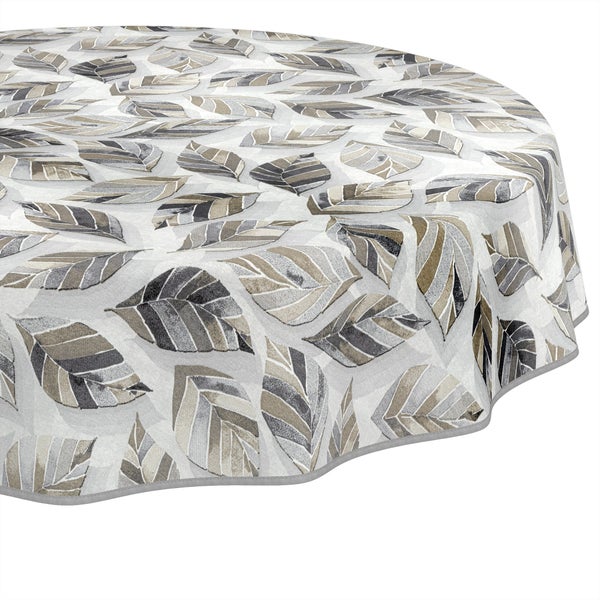 Rundes Tischtuch mit Blattmuster in Grau und Beige.