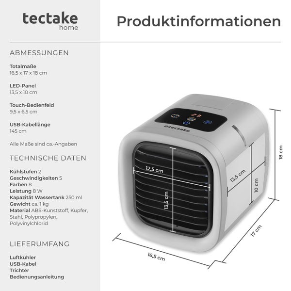 Produktinformationen zum tectake Luftkühler mit Abmessungen 16,5 mal 17 mal 18 Zentimeter, technischen Daten und Lieferumfang.