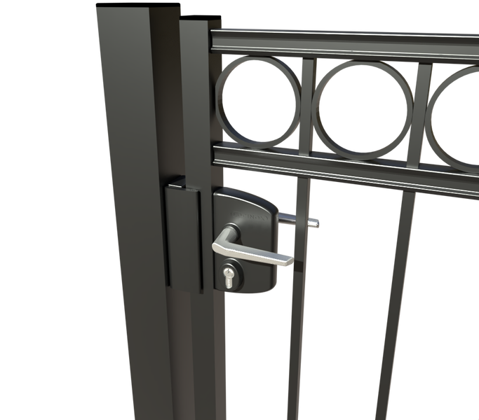 Gartentor ZAUNGURU BASIC-Linie Oldenburg Kreis aus Metall, Höhe: 163cm, Breite: 123cm, 1-flügelig inkl. Pfosten, Schloss und Zubehör, Feuerverzinkt und in RAL 7016 Anthrazitgrau pulverbeschichtet