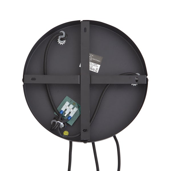 Rückseite einer runden Deckenleuchtenhalterung aus Metall mit Montagebügel, Kabelanschluss und Lüsterklemme.