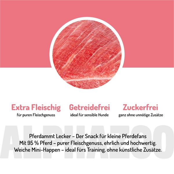 Produktbild mit Informationen zum Hundesnack mit Pferdefleisch