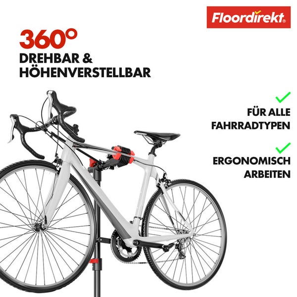 Fahrrad auf einem drehbaren und höhenverstellbaren Montageständer