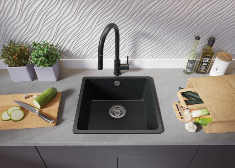 PRIMAGRAN Granitspüle Anthrazit 46x44cm, Spülbecken 1 Becken + Küchenarmatur 40x20cm + Ablauf-Set, Küchenspüle ab 50er Unterschrank - Venedig Slim Easy