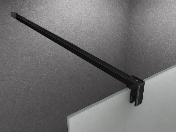 Schwarze Stabilisationsstange mit quadratischem Profil für Duschwände aus Glas, Wandmontage.