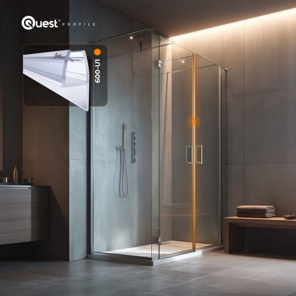 Quest Profile Logo in einem modernen Badezimmer mit Glasdusche, Fliesen in Steinoptik und einer Detailansicht der Duschdichtung UN-009.