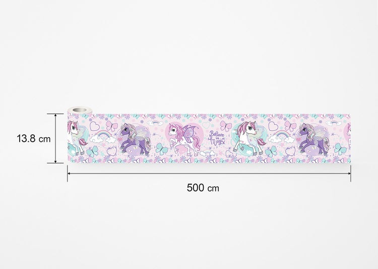 Tapetenbordüre für das Kinderzimmer mit Motiven von Einhörnern, Schmetterlingen und Regenbögen, Maße 13.8 Zentimeter mal 500 Zentimeter.