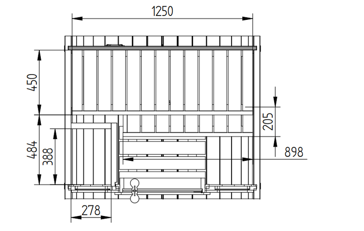 Technische Zeichnung der Sauna-Inneneinrichtung mit Maßangaben in Millimetern.