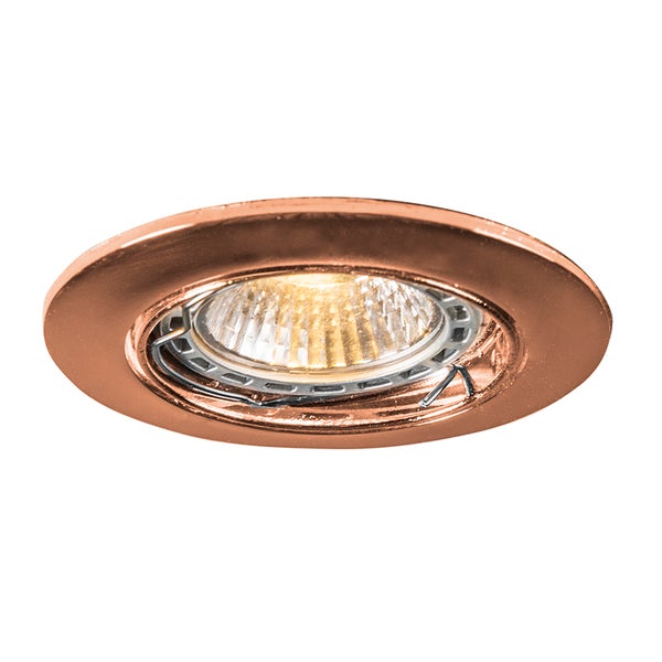 Runder Einbaustrahler aus Metall in Kupferoptik mit eingeschaltetem Leuchtmittel.