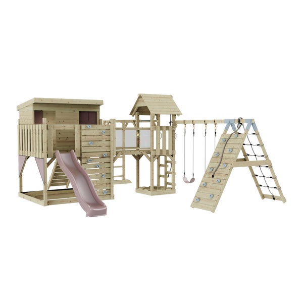 Spielturm mit Rutsche, Schaukel und Kletterwand für den Garten