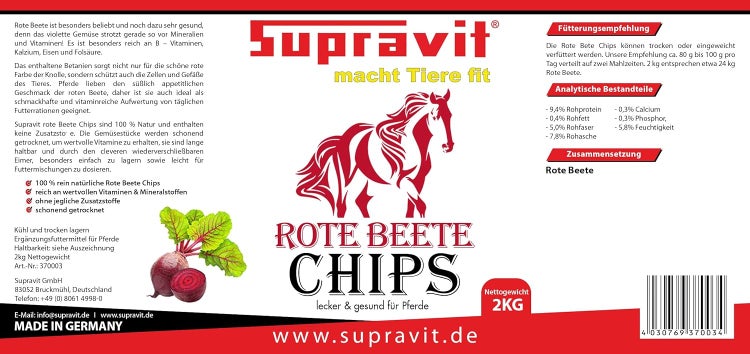 Supravit Rote Bete Chips, Ergänzungsfuttermittel für Pferde, 2 Kilogramm Nettogewicht